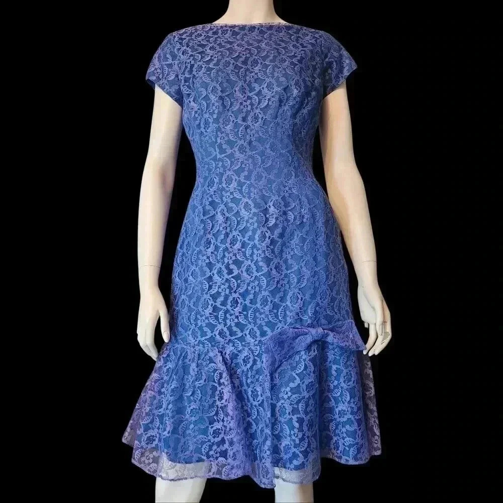 Vintage 60s Hand Sewn Blue Lace Midi Cocktail Dress S/M 6-8